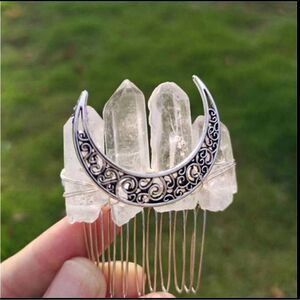 Cottagecore Crystal Hair Comb, Antique Silver Crystal Engrave Cresc…